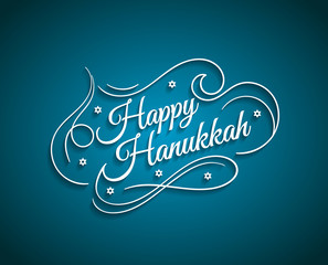 Happy Hanukkah inscription greeting card with hand-drawn typography calligraphy old design.Beautiful lettering white text blue background. Vector illustration EPS 10