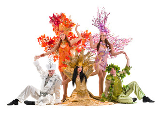 dancer team wearing carnival costumes dancing