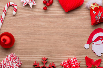 Christmas mock up concept: Christmas decoration on wooden background. View from above.