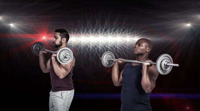 Composite image of two muscular men lifting barbell