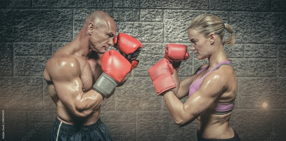 Poster composite image of side view of boxers with fighting stance