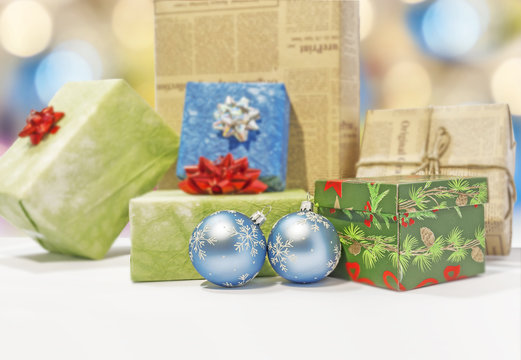 Gift boxes and christmas balls Isolated on white