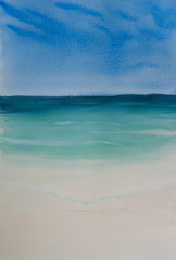 Beautiful beach and tropical sea, watercolor painting