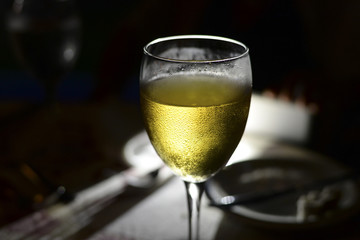 Glass with beer on the counter light