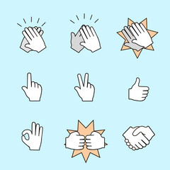 Set of two hands icons. Handshake, clapping applause. Vector color illustration