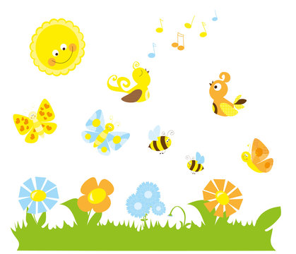 set of cute cartoon nature elements  / spring collection with butterflies, bees and flowers