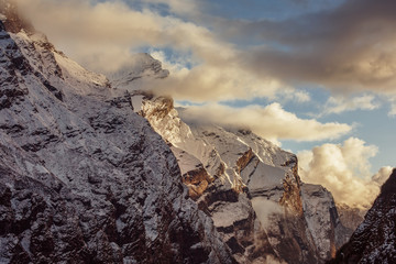 Sunrise in Snow Mountain in Himalayas