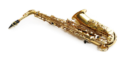 Golden saxophone isolated on white background