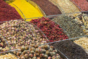 Colorful spices at spice bazaar in Istanbul, Turkey