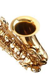 Obraz na płótnie Canvas Golden saxophone isolated on white background, close up