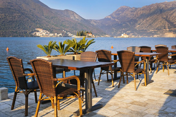  A little cafe in old Perast town with a view on Bay of Kotor, Montenegro