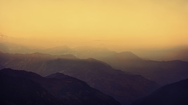 Himalayas mountain landscape. Mountains silhouettes at sunset in Nepal