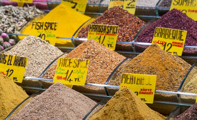 Colorful spices at spice bazaar in Istanbul, Turkey