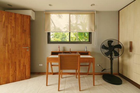 Luxury Bedroom Interior: chair, desk, fan and window