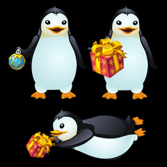 Three fun penguins with Christmas ball and gifts