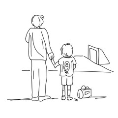 Illustration of dad bringing son to soccer isolated on white background
