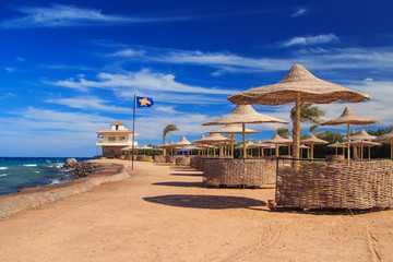 beach with sun beds and umbrellas, Egypt summer shore