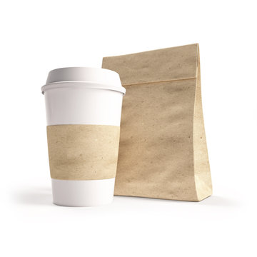 mockup cardboard cup of coffee with a paper bag