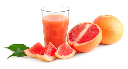 Citrus juice and fresh fruits isolated on white