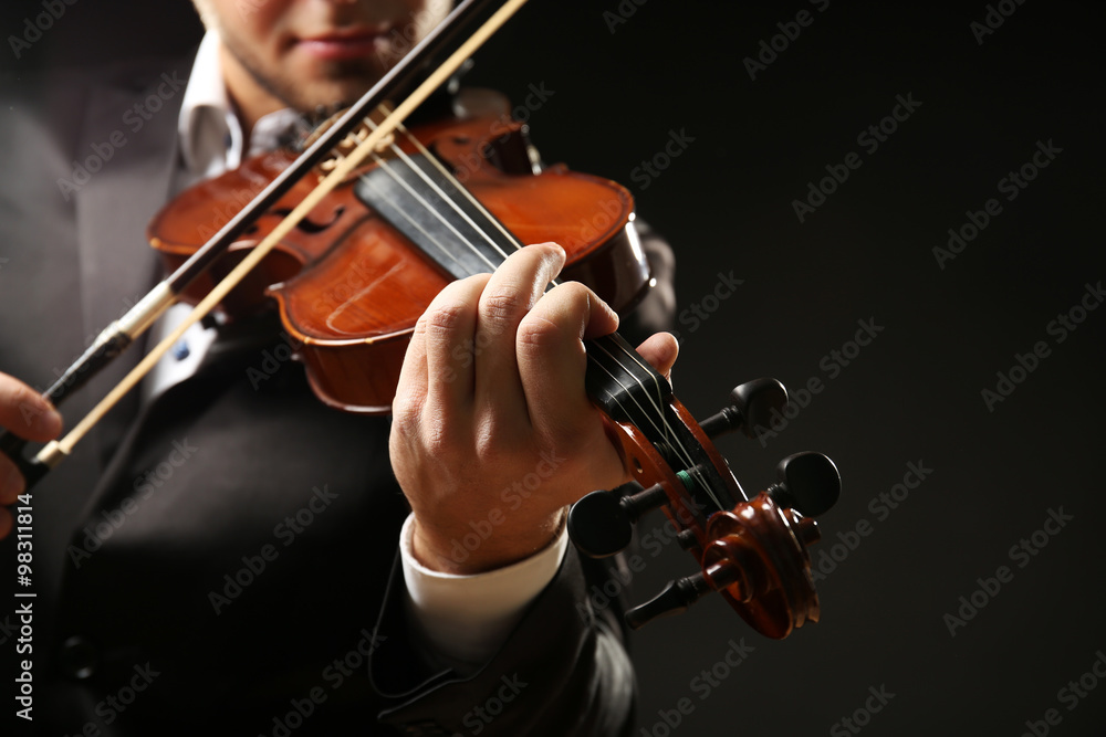 Wall mural musician play violin on black background, close up