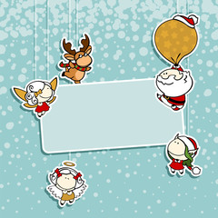 Christmas card with Santa Claus, reindeer, fairies and angel