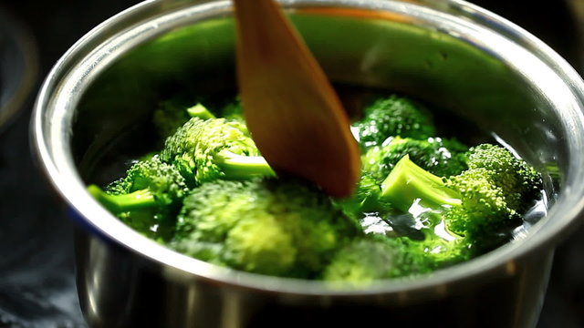 pieces of broccoli in boiling water