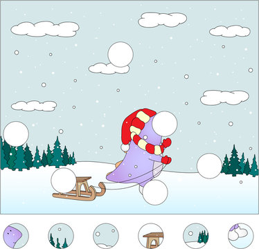 Purple dragon with sled in the winter forest: complete the puzzl