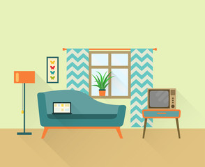 flat retro living room with sofa, window and television. vector illustration