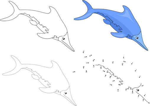 Cartoon ichthyosaur. Vector illustration. Dot to dot game for ki