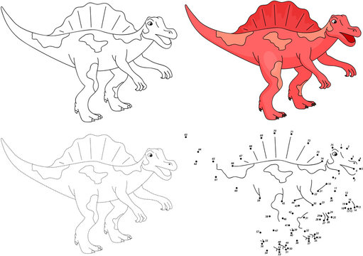 Cartoon Spinosaurus. Vector illustration. Dot to dot game for ki