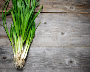 Fresh spring onion on wooden background