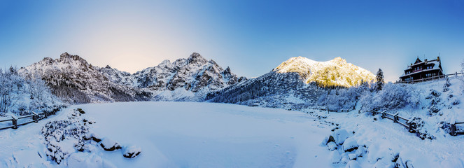 Fototapeta na wymiar Winter mountain landscape, panorama - Morskie Oko, Tatra Mountains, Poland 