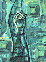 Abstract acrylic painting. Emerald cave with gems. Stalagmite with mystic eye.