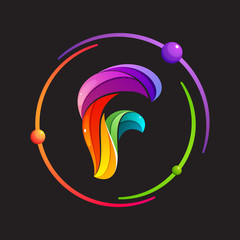 F letter logo with atomic or space orbits.