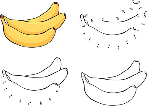 Three cartoon yellow bananas. Vector illustration. Coloring and