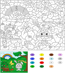 Color by number educational game for kids. Forest glade with a h