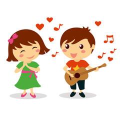 Cute boy singing a love song to beautiful smiling girl for valentine day