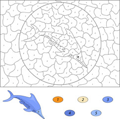 Color by number educational game for kids. Cartoon ichthyosaur.