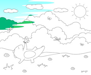 Cute chubby dragon is playing with dragonflies and butterflies o