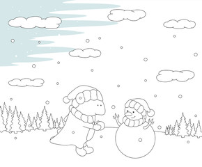 Cute chubby dragon sculpts snowman in a snowy forest. Christmas