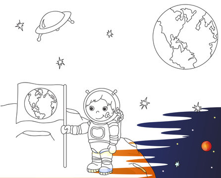 Astronaut with Earth flag on the moon surface in space. Coloring