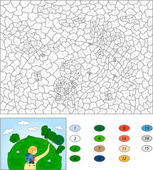 Color by number educational game for kids. A boy with a backpack