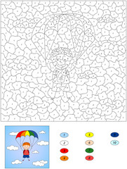 Color by number educational game for kids. Boy parachutist desce