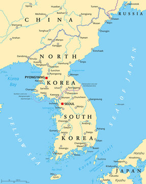 Korean peninsula political map with North and South Korea and the capitals Pyongyang and Seoul, national borders, important cities, rivers and lakes. English labeling and scaling. Illustration.