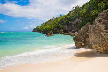 Naklejka na ściany i meble Beautiful landscape of tropical beach, rocks with vegetation, se
