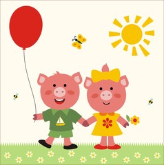 two funny little pigs with balloon and flower, boy and girl