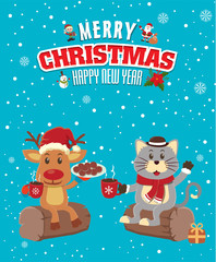 Vintage Christmas poster design with cat & reindeer