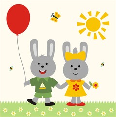 Fototapeta na wymiar two funny little rabbit with balloon and flower, boy and girl