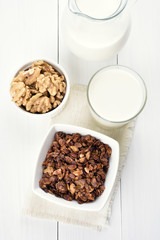 Muesli and milk in glass