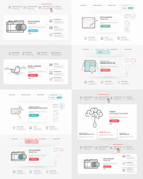 Website template elements collection:
Set of four  templates for personal or company business portfolio with concept icons. 